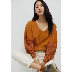 Anthropologie NEW V-neck Waffle Textured Top with Floral Sleeves